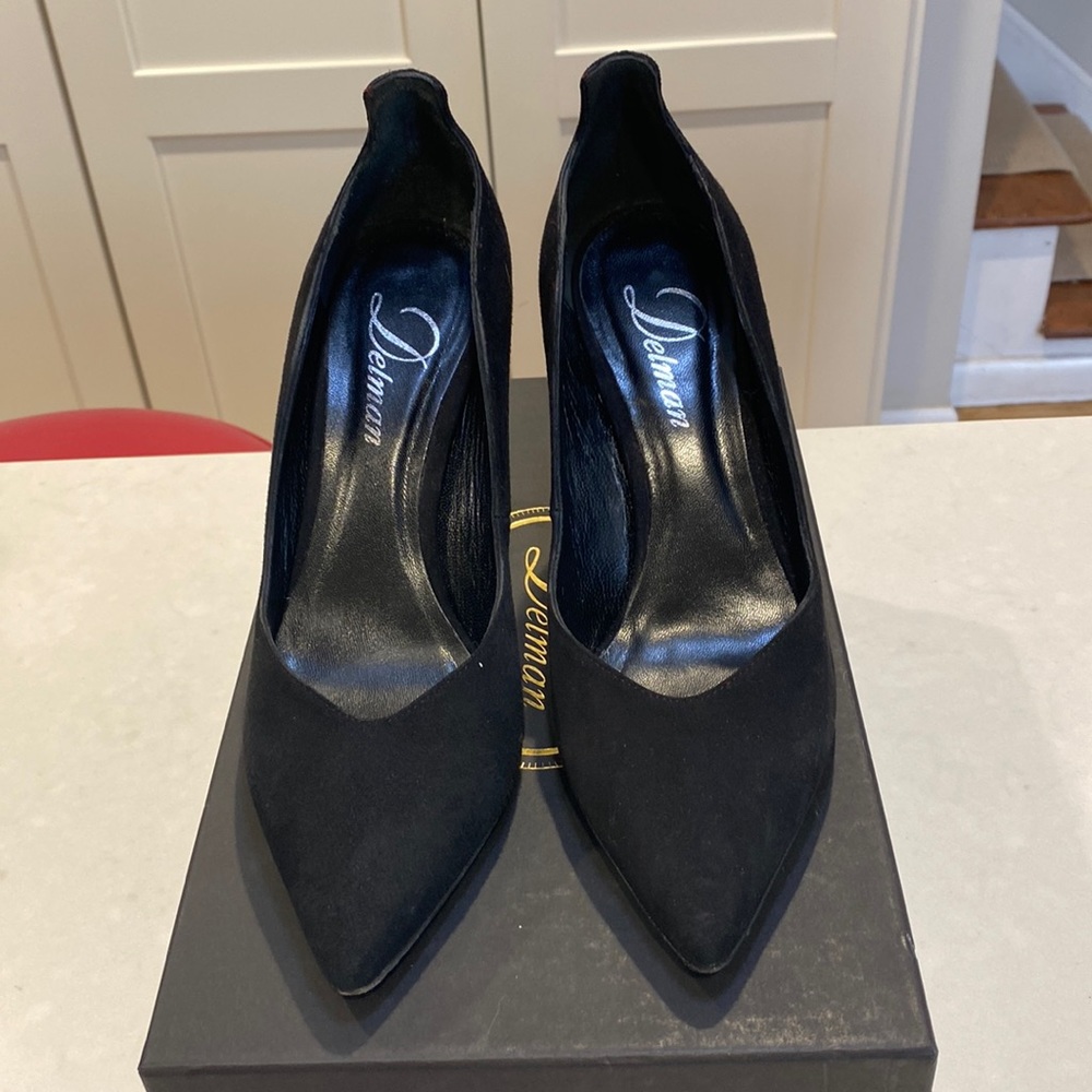 Womens Delman 3.5 inch black kid suede heels